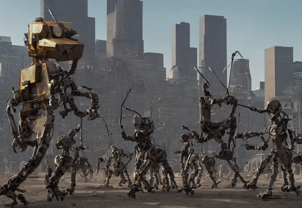 Image similar to accidentally wes anderson award - winning photograph of boston dynamics robots fighting with bureaucrats in suits in city ruins, epic battlescene, 4 k, detailed, art by greg rutkowsky, trending on artstation, cinematic lighting, filmic grain, golden hour, detailed, 4 k