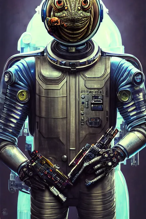 Image similar to a portrait of a muscular anthropomorphic cyberpunk basilisk lizard with big head in spacesuit armor with ensignia on chest plate by sandra chevrier, by jon foster, detailed render, pistol in holster, tape deck, epic composition, cybernetics, 4 k realistic, cryengine, realistic shaded lighting, sharp focus, masterpiece, by enki bilal