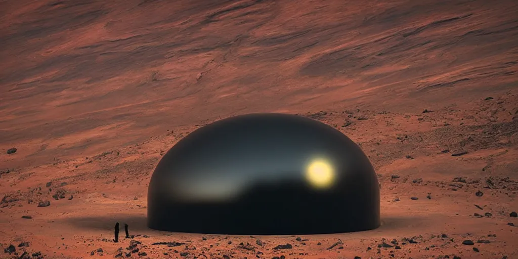 Image similar to a strange huge transparent pvc inflated organic architecture building black matte by jonathan de pas sits in the planet mars landscape, golden hour, film still from the movie directed by denis villeneuve with art direction by zdzisław beksinski, close up, telephoto lens, shallow depth of field