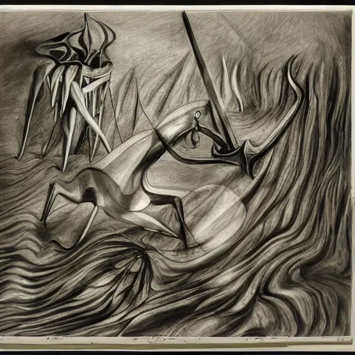 Image similar to depressing cool green by brett weston, by yves tanguy. the drawing features a human figure driving a chariot. the figure is skeletal & frail, with a large head & eyes. the chariot is pulled by two animals, which are also skeletal & frail.