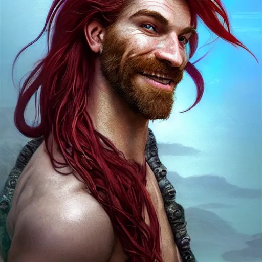 Image similar to portrait of a young ruggedly handsome but joyful pirate, faint freckles, male, masculine, upper body, red crimson crimson deep red hair, long long flowing hair, fantasy, proud smirk, intricate, elegant, highly detailed, digital painting, artstation, concept art, matte, sharp focus, illustration, art by artgerm and greg rutkowski and alphonse mucha