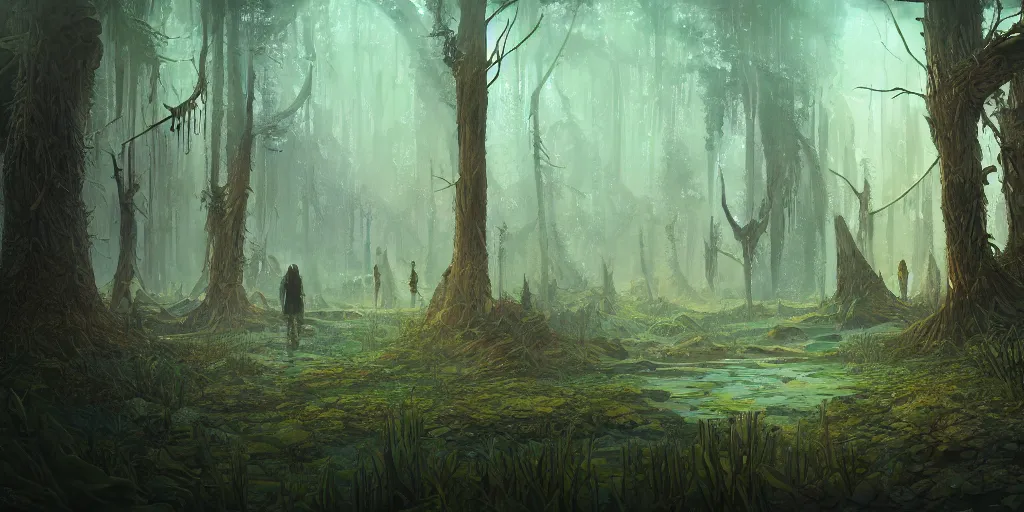 Prompt: reed - people in futuristic spiritual mystical post apocalyptic swampy forest in dagestan drawn by ron gilbert, dim painterly volumetric aquatic lighting, scenic, beautiful, crisp, artstation, highly detailed