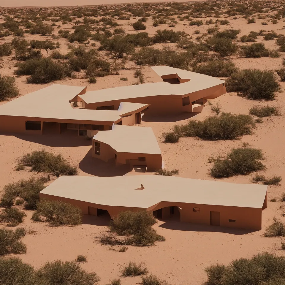 Prompt: A mid-century house designed by Norman Foster in the middle of the sahara desert. Film Grain, cinematic. Brown sand. Full color. Magic Hour.