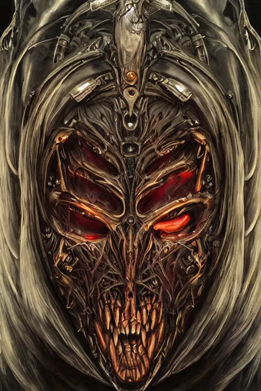 Image similar to Elden Ring and Doom themed painting of majestic chromatic biomechanical anatomical undead warrior hybrid beautiful ethereal angel symmetrical neutral mask closeup face tattoo pattern golden ratio concept, Neo-Gothic concept, infinity glyph waves, intricate artwork masterpiece, very coherent artwork, cinematic, full frontal facial features by Artgerm, art by H.R. Giger, Joseph Michael Linsner, Zdizslaw Beksinski, Johnatan Wayshak, Moebius, Ayami Kojima, very anatomically coherent artwork, trending on cgsociety, ultra high quality model, production quality cinema model, high detail chromatic ink outline, octane render, unreal engine 8k, hyper realism, high detail, octane render, unreal engine, 8k, High contrast