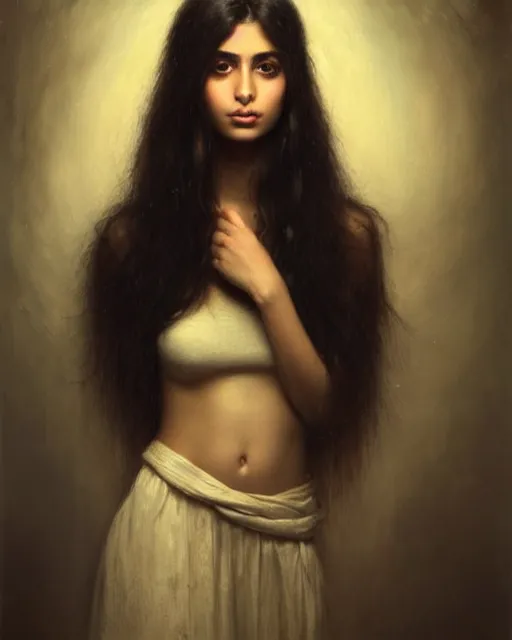 Image similar to a highly realistic, true to life portrait of a beautiful young middle eastern girl, soft focus, from the waist up, with sharp features, a beautiful face, soft smile, under studio lighting, taken with a canon eos camera with 1 3 5 mm focal length, art by karol bak, james jean, tom bagshaw, trending on artstation,