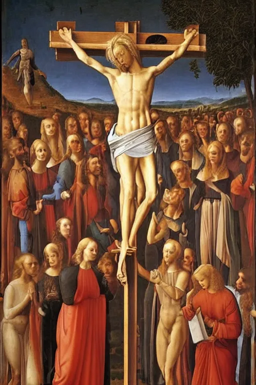 Prompt: painting of blonde geert wilders being crucified, stabbed, renaissance, breathtaking painting by pietro perugino