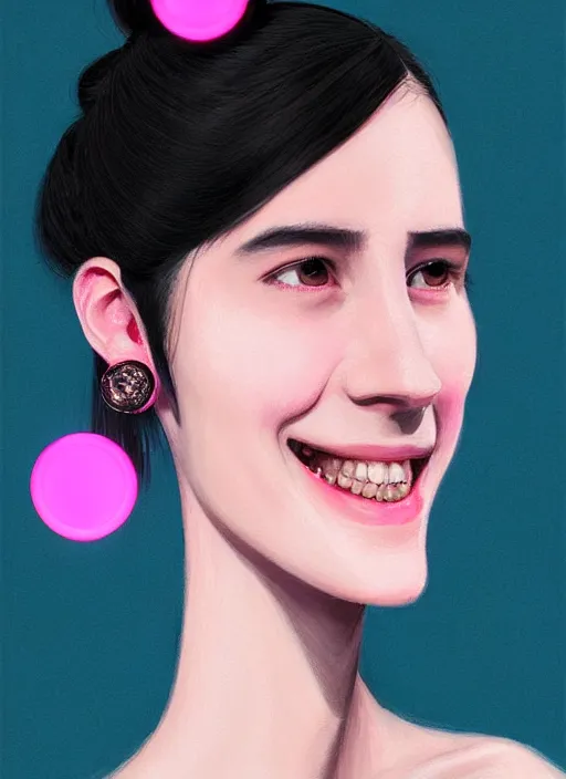 Image similar to portrait of high school girl, realistic, black hair, bangs, half updo hairstyle, pointy nose, skinny, smile, ugly, defined jawline, big chin, pink hair bow, earrings, intricate, elegant, glowing lights, highly detailed, digital painting, artstation, sharp focus, illustration, art by wlop, mars ravelo and greg rutkowski