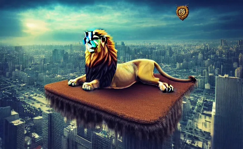 Image similar to “lion riding a carpet in mid air above the city, hyperdetailed, photograph, award winning photographt, artstation, 4k, full body, UHD”