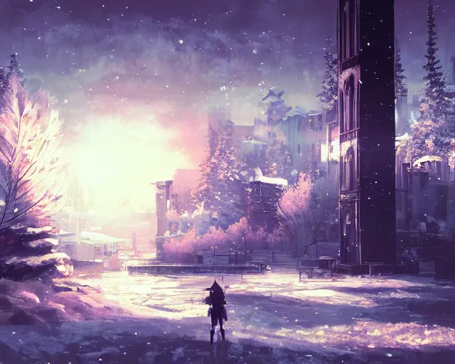 Image similar to scenery artwork, scene beautiful, light!! light essential calm and cozy winter world snow and night, surrealism oil on canvas, artstation!! pixiv!! dream scenery, quality nier : automata projection render, nier automata concept art, vaporwave textures