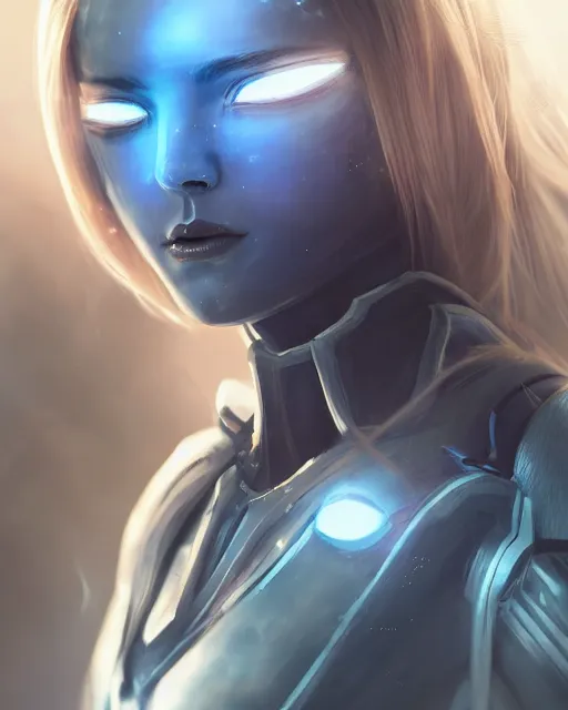 Prompt: perfect android girl, warframe armor, beautiful face, scifi, futuristic, galaxy, nebula, bae suzy, dreamy, long white hair, blue cyborg eyes, cinematic lighting, highly detailed, focused, artstation, divine, by gauthier leblanc, kazuya takahashi, huifeng huang, jama jurabaev