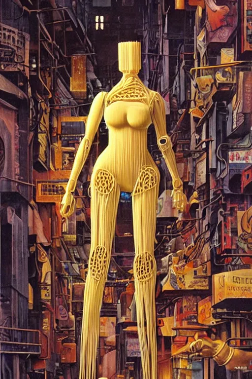 Prompt: a highly detailed retro futuristic female manikin made out of pasta standing in a dank alleyway from blade runner, a robot made out of pasta, arms and legs made out of spaghetti, body made out of macaroni, beautiful highly symmetric face, painting by Peter Andrew Jones and Greg Hildebrandt