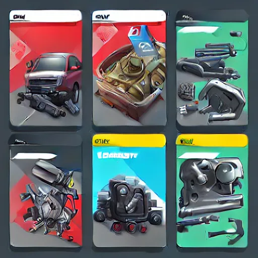 Image similar to car engine, car parts concept, card, comic page, realistic fortnite, ui card