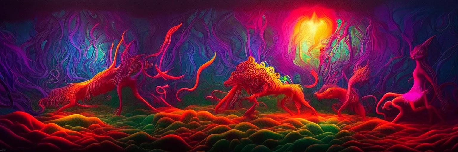 Image similar to microscopic mythical creatures from the depths of the collective unconscious, dramatic lighting with shallow dof, surreal darkly colorful painting by ronny khalil