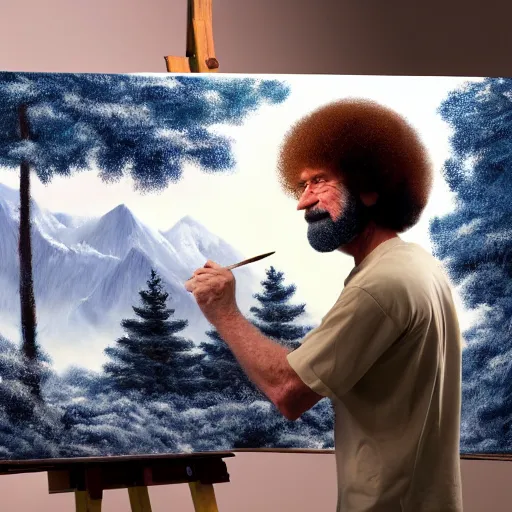 Image similar to a closeup photorealistic photograph of bob ross working on a canvas painting of cookie monster. film still. brightly lit scene. mountains and trees. this 4 k hd image is trending on artstation, featured on behance, well - rendered, extra crisp, features intricate detail, epic composition and the style of unreal engine.