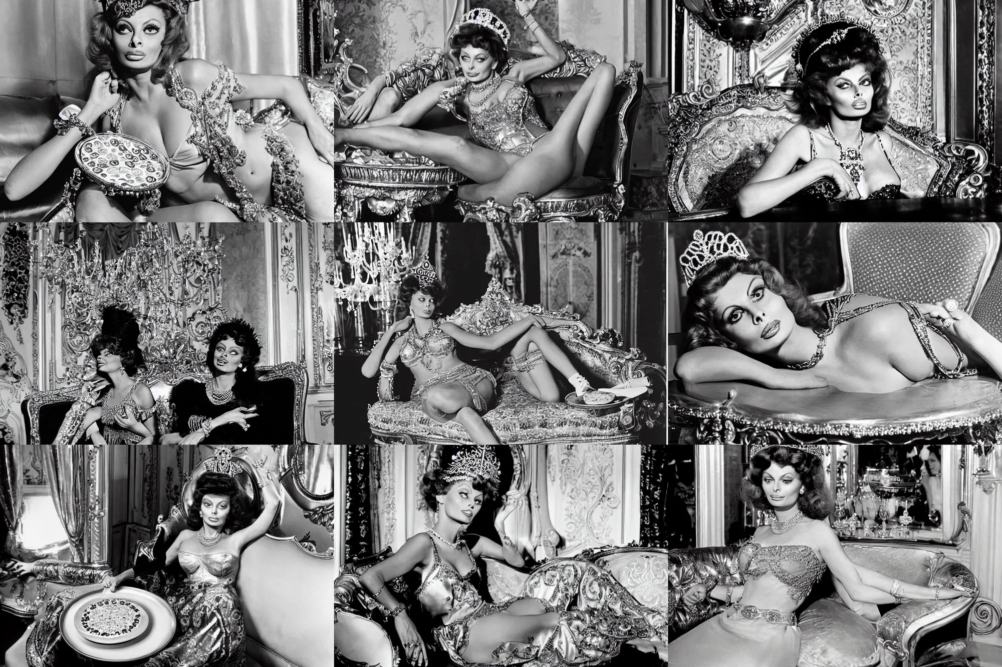 Prompt: young sophia loren having pizza served on a silver platter, relaxed pose on antique luxury sofa, intricate ornamented tiara, opulent pearl necklace, laced dress, golden lighting, burlesque photo by letizia battaglia