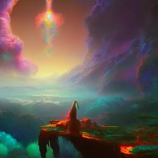 Prompt: matte painting of a psychedelic realm where astral beings share love, by greg rutkowski, lisa frank, bob ross and ruan jia, uhd, 4 k painting, abstract brush strokes