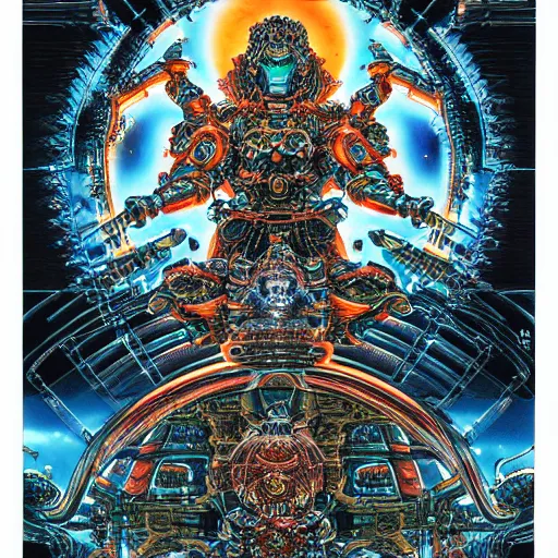 Prompt: cybertronic hindu temple, symmetrical, by yoichi hatakenaka, masamune shirow, josan gonzales and dan mumford, ayami kojima, takato yamamoto, barclay shaw, karol bak, yukito kishiro