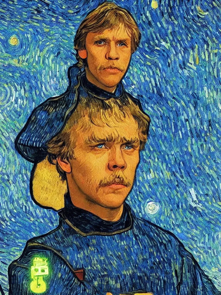 Prompt: bright beautiful oil painting portrait of luke skywalker with a missing ear, light scatter, van gogh