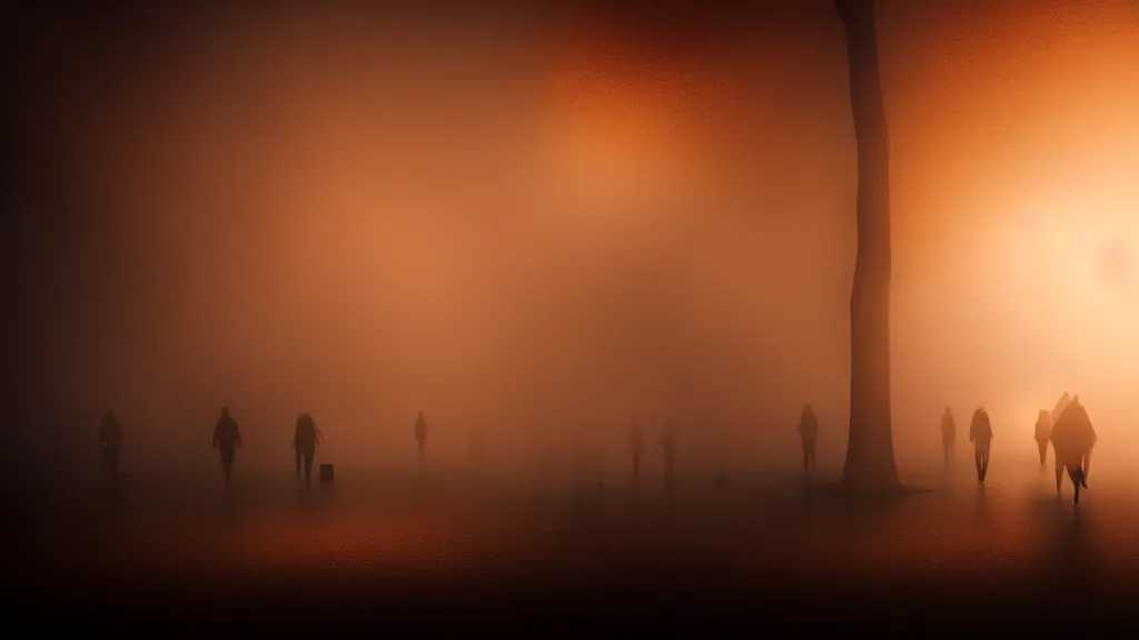 Prompt: the crowd flees the village, fog, volumetric lighting, mystique, atmospheric, golden hour, teal and orange, sharp focus, ultra detailed, noir art house, 4 k, cinematic, 3 5 mm