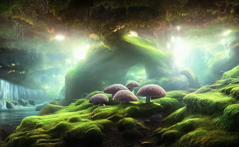 Image similar to a beautiful and stunning professional digital artwork of a glowing mushroom cave, haze, spores floating in the air, waterfall, volumetric lighting, hyperrealistic, rtx on, ultra detail