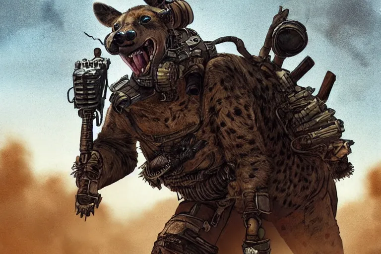 Image similar to a good ol'hyena fursona ( from the furry fandom ), heavily armed and armored facing down armageddon in a dark and gritty version from the makers of mad max : fury road. witness me.