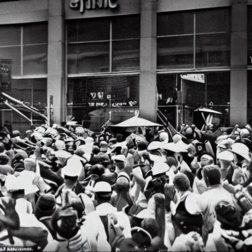 Prompt: silent film soft focus beauty shot of amazon workers overthrowing their bosses