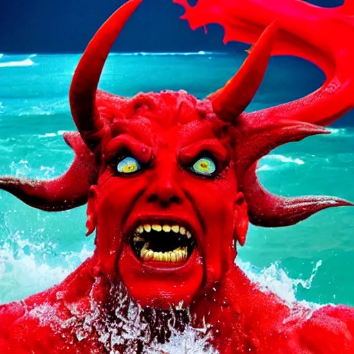 Image similar to a devilish red monster with horns emerging from boiling rough seas, close - up portrait photo by david lachapelle, masterpiece, trending on flickr s - 3 0