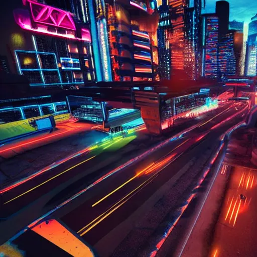 Prompt: cyberpunk highway filled with futuristic flying cars, neon lights, futuristic cyberpunk urban grunge, urban living of the future, first person pov, detailed, hyperrealistic