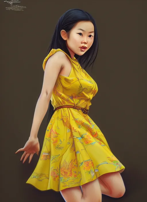 Image similar to photo of a cute young asian girl wearing a yellow honey dress in the style of stefan kostic, realistic, sharp focus, 8 k high definition, insanely detailed, intricate, elegant, art by stanley lau and artgerm