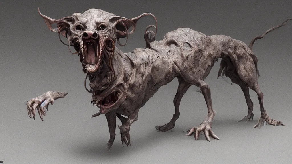 Image similar to Eldritch Monster Dog ,Leonora Carrington, 8K, concept art, DSLR, filmic, HDR, hyperrealism, Unreal Engine, volumetric lighting, Darkart