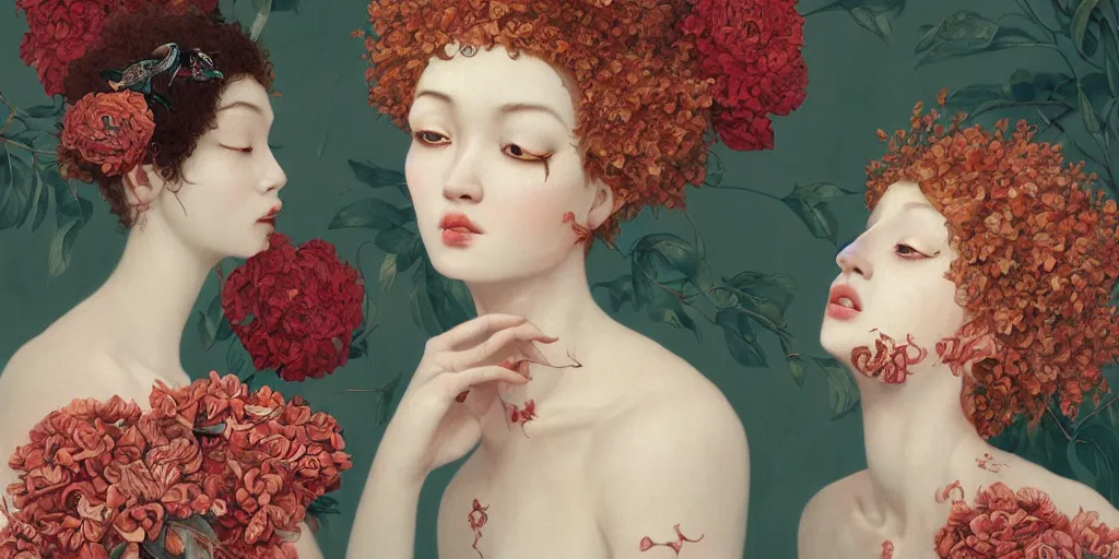 Image similar to breathtaking detailed concept art painting blend of red short curly hair goddesses of flowers by hsiao - ron cheng with anxious piercing eyes, vintage illustration pattern with bizarre compositions blend of flowers and fruits and birds by beto val and john james audubon, exquisite detail, extremely moody lighting, 8 k