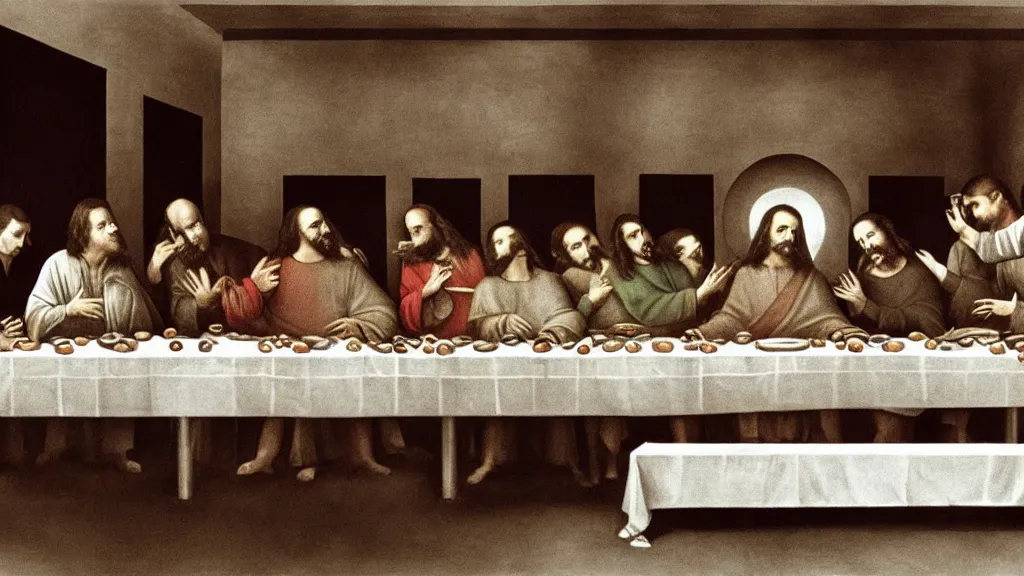 Prompt: the last supper, long dinner table, a scene from the godfather movie, jesus wearing suit sitting in the middle next to marlon brando