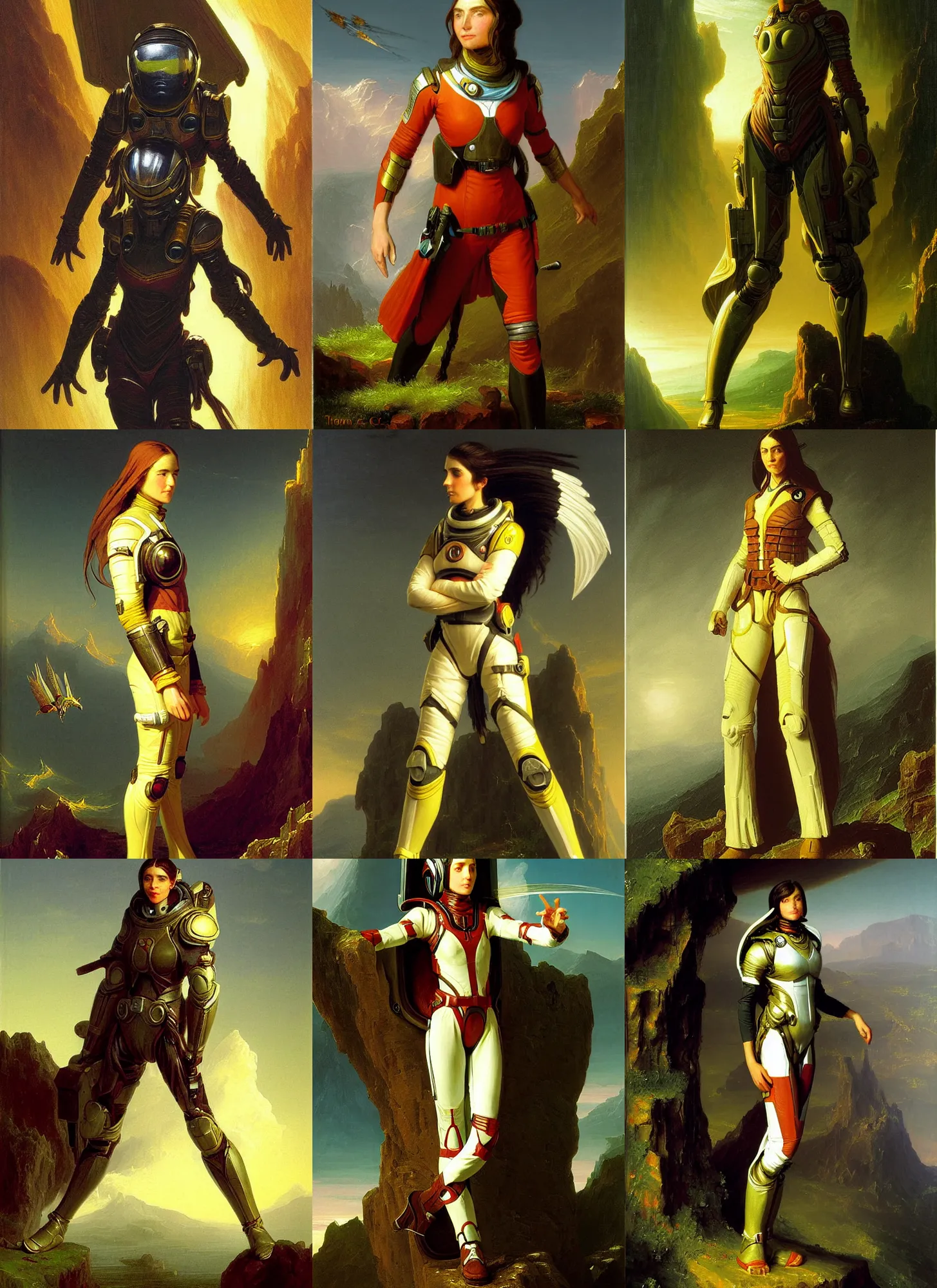 Prompt: thomas cole painting of a detailed d & d style full body beautiful face female scifi pilot wearing full clothing