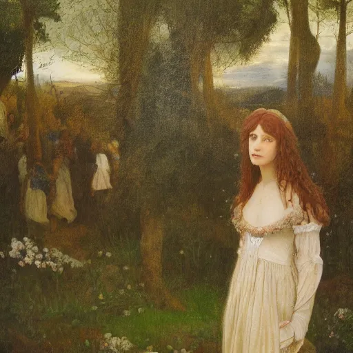 Image similar to painting of a pre - raphaelite girl dressed in nature with a growd of ancient greek full body towers of people, 5 0 mm lens, f 1. 4, sharp focus, ethereal, emotionally evoking, head in focus, volumetric lighting, blur dreamy outdoor,