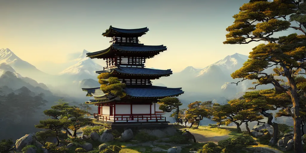 Image similar to a ancestral japanese temple on the top of a mountain at sunset, hyperrealistic, concept art, octane render, unreal engine 5, synthwave, high quality, highly detailed, 8 k, digital art, concept art, breathtaking landscape, cinematic lighting, path traced, over the clouds, godrays, complementary colors, natural lighting, masterpiece, mythical