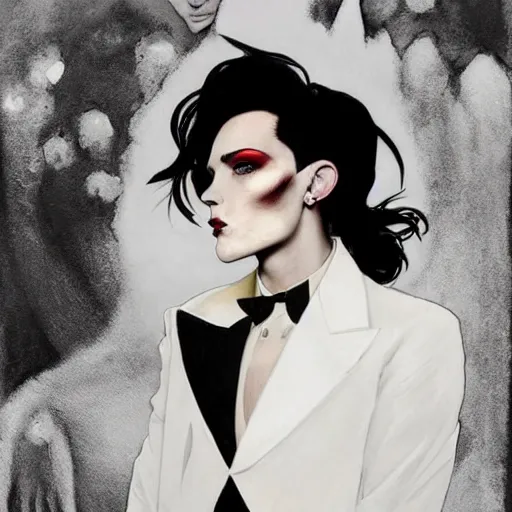 Image similar to stunning portrait of androgynous ruby rose as desire from sandman in a white tuxedo!!!, rockabilly style, dave mckean, by alphonse mucha, by jeremy mann, by peter lindbergh, by frank moth, white suit and black tie, soft lightning, high detailed, 8 k