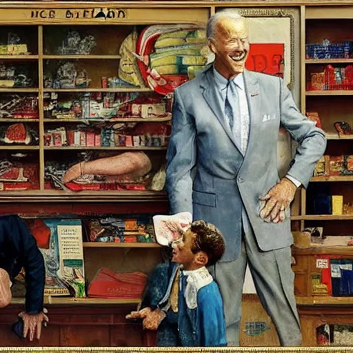 Image similar to joe biden forgets to breathe and falls over in a shop, painted by norman rockwell and tom lovell and frank schoonover