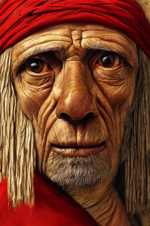 Prompt: hyperrealism close-up portrait of an ugly old man and lama in War bonnet in style of da Vinci