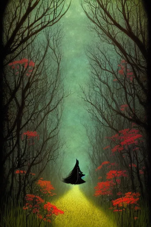 Prompt: surreal, fantasy, fairytale animals, flowerpunk, mysterious trail through the forest, by andy kehoe