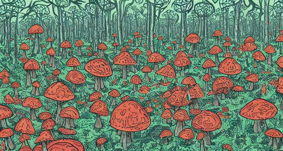 Image similar to A tribal village in a forest of giant mushrooms, by james jean,