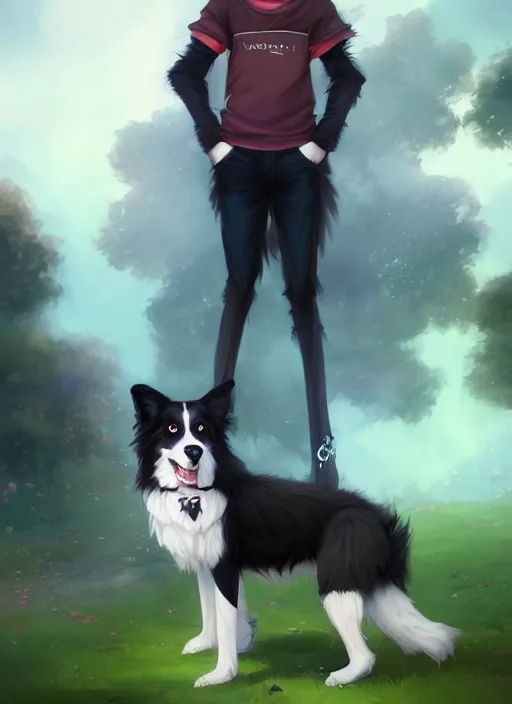 Image similar to wide angle beautiful full body portrait of a cute male anthropomorphic border collie fursona wearing a t - shirt and posing in front of a park, character design by charlie bowater, henry asencio, and ross tran, furry art, furaffinity, scenic background, beautiful, glamor pose, detailed, trending on artstation