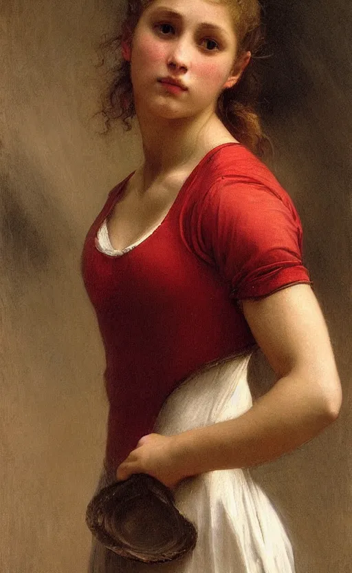 Image similar to portrait of athletic girl, red and white dress, hd, realistic, bouguereau