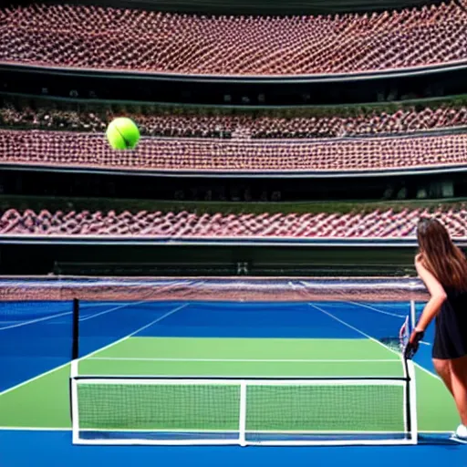 Prompt: woman playing tennis against a wall being watched by a large stadium full of fans