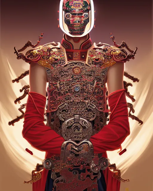 Image similar to portrait of a chinese cyberpunk machine, machine face, arms, upper half portrait, decorated with chinese opera motifs, regal, asian, fine china, wuxia, traditional chinese art intricate intense elegant 京 剧 highly detailed digital painting artstation concept art smooth sharp focus illustration, art by artgerm and greg rutkowski alphonse mucha 8 k