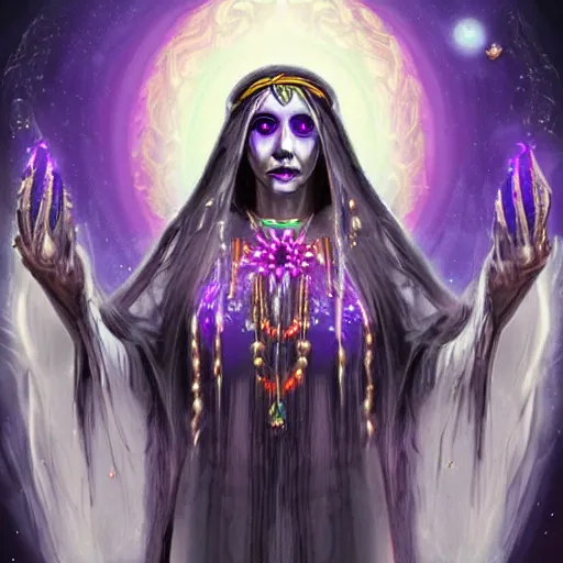 Prompt: a traditional sacred priestess coming back to life in the modern world, haloed, cosmic horror style