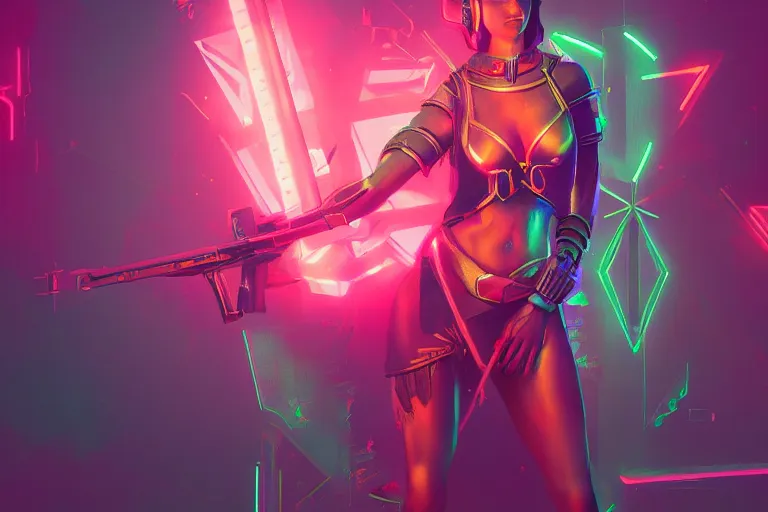 Image similar to photo of goddes of war in neon lighting, elegant, highly detailed, smooth, sharp focus, illustration, beautiful, geometric, trending on artstation, cinematic, artwork by Swanland, Raymond