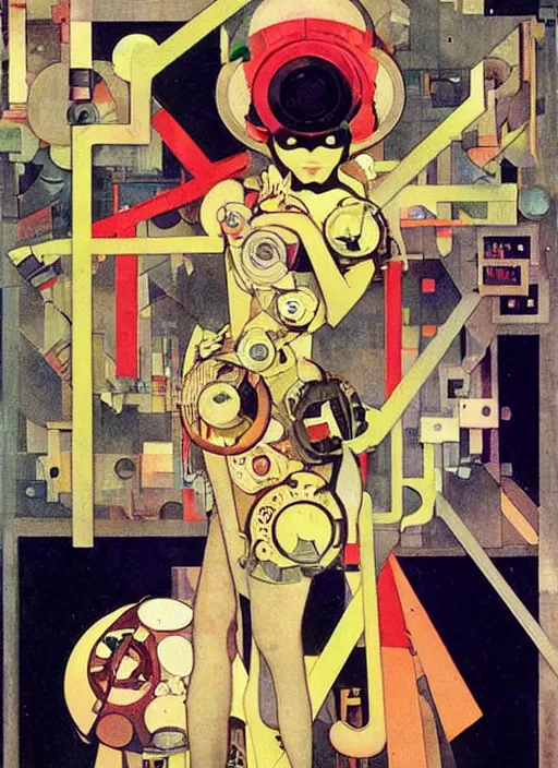 Image similar to cute punk goth fashion fractal mecha girl wearing a television tube helmet and kimono made of circuits and leds, surreal Dada collage by Man Ray Kurt Schwitters Hannah Höch Alphonse Mucha Beeple