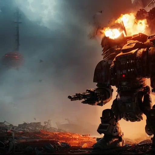 Prompt: heavily armored space marine standing on a pile of scrap metal and rubble, holding up a big futuristic rifle, smoke rising in the background, destroyed buildings and dead robots scatter the ground, cinematic, artstation, octane 3 d, atmospheric, smoke explosions, ominous battlefield, rule of thirds, detailed face mask, by vitaly bulgarov and filip hodas, art by blizzard