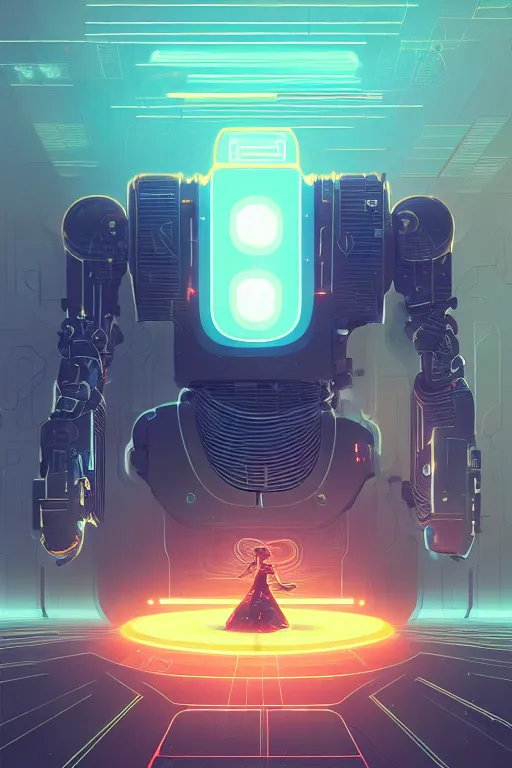 Prompt: techno magic robot surrounded by techy glowing glitch magic, intersting composition, casette futurism, d & d, sketchy lines and brushstrokes, no blur, 4 k resolution, ultra detailed, style of greg rutkowski, zac retz, kawase hasui, beeple, eddie mendoza, alphonse mucha,