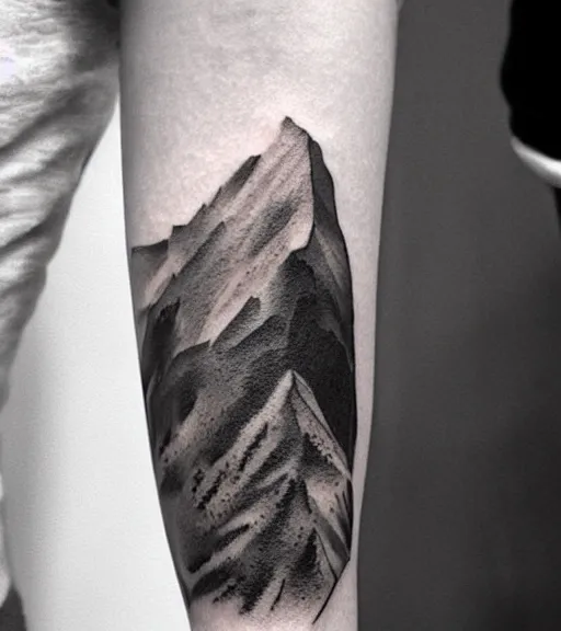 Image similar to tattoo design sketch of a beautiful girl with a faded mountain background, in the style of den yakovlev, black and white, realism tattoo, hyper realistic, highly detailed